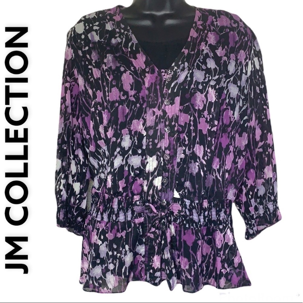 JM collection Petite Black/Purple Floral Print Semi Shear Blouse Size 8P